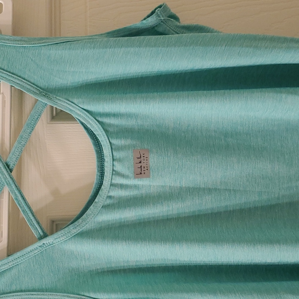 Turquoise Activewear Tank Top, Cross Back, Asymmetrical, Small, Nicole Miller - Picture 4 of 5